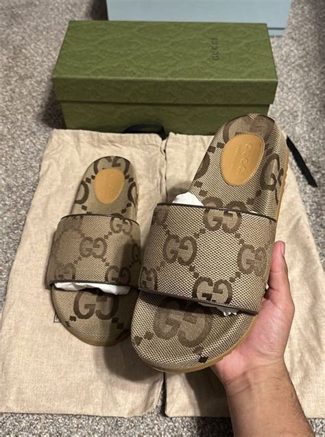 Men's maxi GG canvas slide sandal in camel and ebony canvas